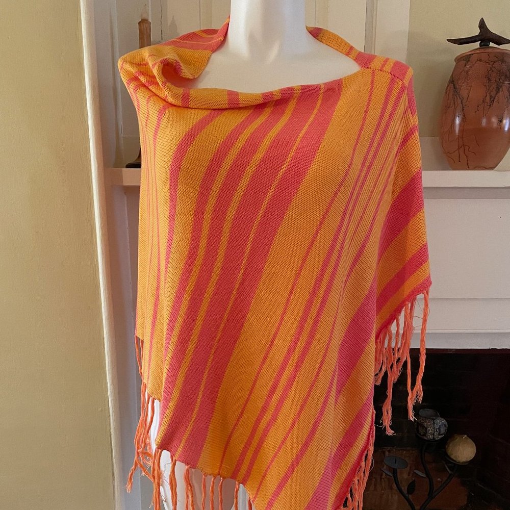 Trina Turk "Aurelia" Pink and Orange Striped Fringed Poncho